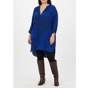 H by Halston Blue Abstract Print V Neck Relaxed Fit High Low Tunic size 28W Plus